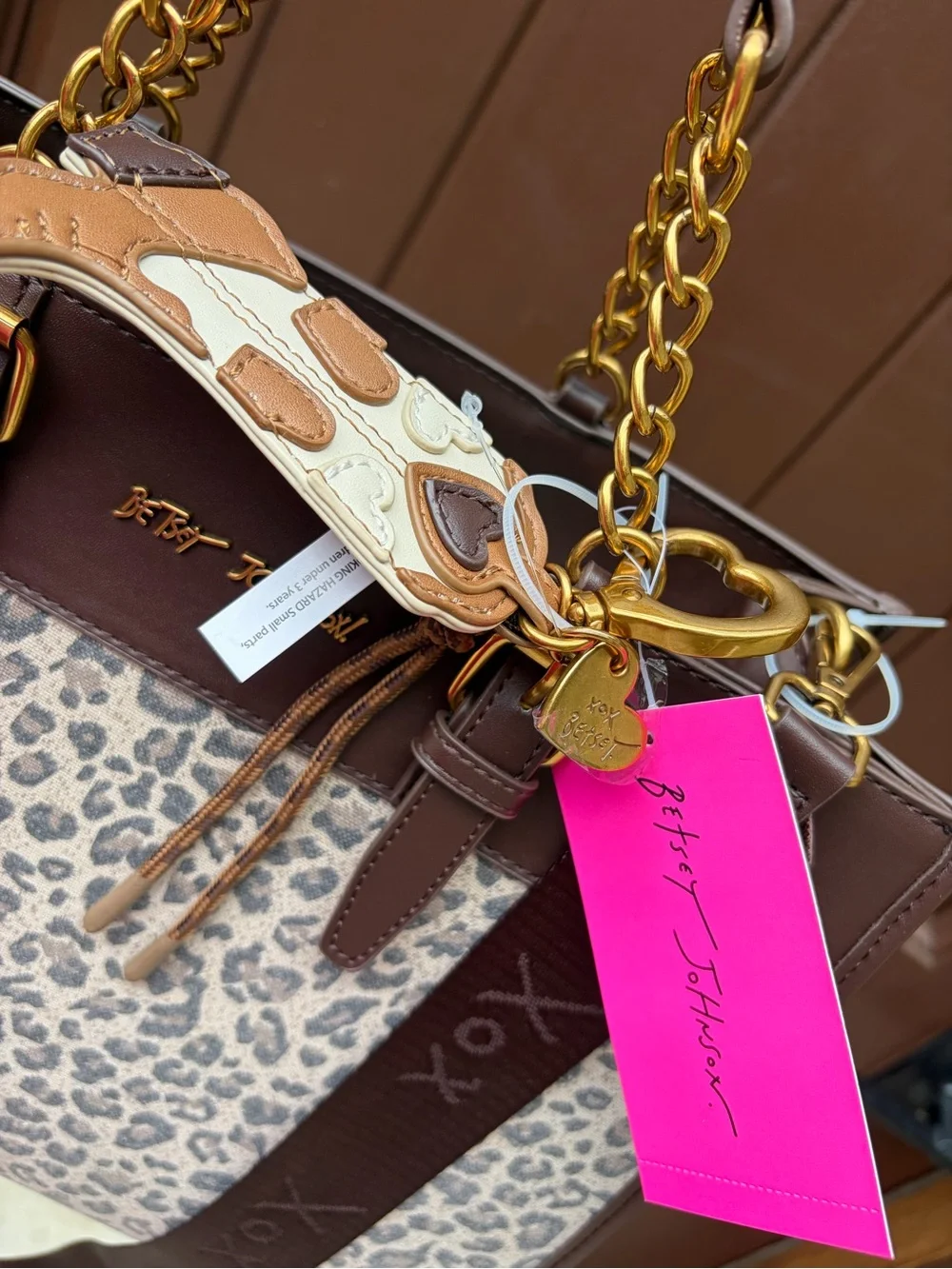 Betsey Johnson Brown Leopard-Print Satchel with Gold Chain Handles